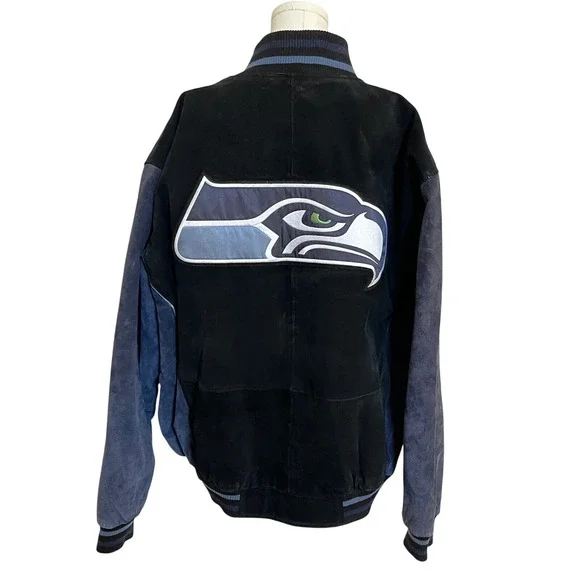 Vintage NFL Seattle Seahawks Jacket Suede Leather Bomber Full Zip Mens XL - Picture 1 of 13